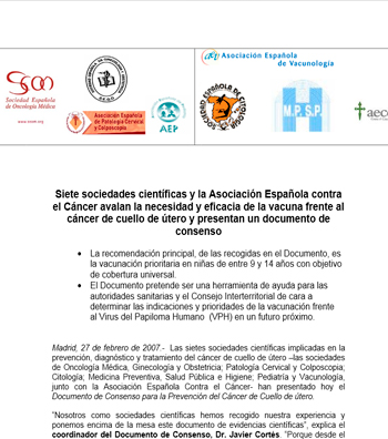 Siete sociedades científicas y la Asociación Española contra el Cáncer avalan la necesidad y eficacia de la vacuna frente al cáncer de cuello de útero y presentan un documento de consenso